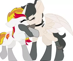 Size: 2724x2265 | Tagged: safe, artist:macadoptables, artist:xxcosmiccarrotxx, derpibooru import, oc, oc:fall fire, oc:tai (ice1517), unofficial characters only, pegasus, pony, unicorn, base used, black socks, choker, clothes, eyes closed, female, freckles, kissing, lesbian, mare, oc x oc, shipping, simple background, socks, stockings, thigh highs, white background