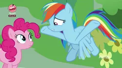 Size: 1920x1080 | Tagged: safe, derpibooru import, screencap, pinkie pie, rainbow dash, earth pony, pegasus, pony, the washouts (episode), bake it like buddy, discovery family logo, duo, female, mare, outdoors, worried