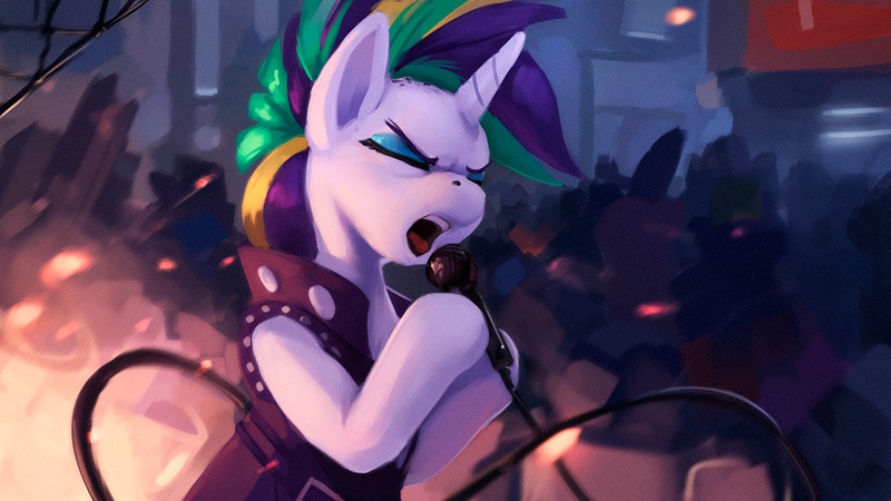 Size: 1100x619 | Tagged: safe, artist:rodrigues404, derpibooru import, rarity, pony, unicorn, it isn't the mane thing about you, alternate hairstyle, clothes, concert, eyes closed, female, jacket, leather jacket, mare, microphone, punk, raripunk, singing, solo