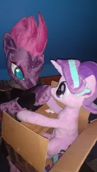 Size: 675x1200 | Tagged: safe, artist:nekokevin, derpibooru import, starlight glimmer, anthro, pony, unicorn, series:nekokevin's glimmy, anthro plushie, armor, bed, boop, box, broken horn, duo, female, horn, irl, mare, photo, plushie, pony in a box, scar, size difference, smiling