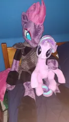 Size: 675x1200 | Tagged: safe, artist:nekokevin, derpibooru import, starlight glimmer, tempest shadow, anthro, pony, unicorn, series:nekokevin's glimmy, anthro plushie, armor, bed, broken horn, duo, eye scar, female, horn, hug, irl, looking at you, mare, photo, plushie, scar, size difference, smiling
