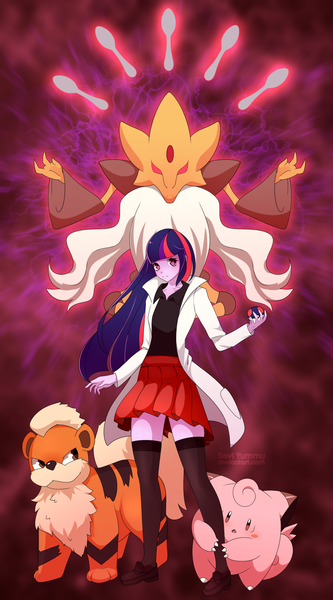 Size: 1024x1845 | Tagged: safe, artist:seviyummy, derpibooru import, twilight sparkle, twilight sparkle (alicorn), alakazam, alicorn, clefairy, growlithe, equestria girls, female, mega alakazam, pokémon, pokémon red and blue, pokémon x and y