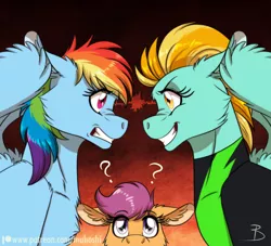 Size: 900x818 | Tagged: safe, artist:inuhoshi-to-darkpen, derpibooru import, lightning dust, rainbow dash, scootaloo, pegasus, pony, the washouts (episode), chest fluff, clothes, female, filly, looking at each other, mare, patreon, patreon logo, question mark, rivalry, rivals, rivals for life, uniform, washouts uniform