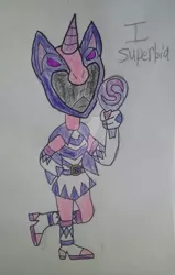 Size: 1024x1611 | Tagged: safe, artist:tobiisabunny, derpibooru import, oc, oc:daybreak flare, horse, human, equestria girls, cape, clothes, mirror, monochrome, power rangers, pride (deadly sin), purple, rainbow, saligia, saligia rangers, seven deadly sins, solo, super sentai, super sentai stance, superbia, the marevolent six