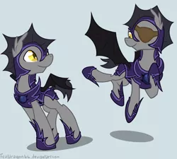 Size: 1200x1080 | Tagged: safe, artist:tealdragon44, derpibooru import, oc, oc:frolicsome meadowlark, oc:sunshine smiles (egophiliac), bat pony, moonstuck, bat pony oc, bat wings, duo, eyepatch, gray background, guard armor, male, night guard, simple background, stallion, wings