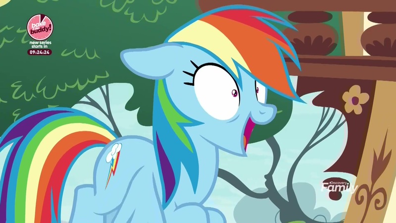 Size: 1920x1080 | Tagged: safe, derpibooru import, screencap, rainbow dash, pegasus, pony, the washouts (episode), bake it like buddy, discovery family logo, female, flying, mare, open mouth, rainbowsnap, shrunken pupils, solo, wide eyes