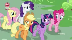 Size: 1920x1080 | Tagged: safe, derpibooru import, screencap, applejack, fluttershy, pinkie pie, rarity, twilight sparkle, twilight sparkle (alicorn), alicorn, pony, the washouts (episode), bake it like buddy, discovery family logo