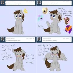 Size: 2564x2564 | Tagged: safe, artist:phoenixswift, derpibooru import, flitter, mjölna, oc, oc:fuselight, pegasus, pony, bandaid, blushing, male, spread wings, stallion, wingboner, wings