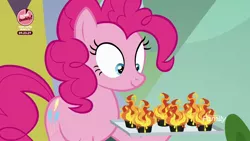 Size: 1920x1080 | Tagged: safe, derpibooru import, screencap, pinkie pie, earth pony, pony, the washouts (episode), bake it like buddy, cupcake, discovery family logo, extreme chocolate airshow cupcake, female, food, looking down, mare, solo, this is fine