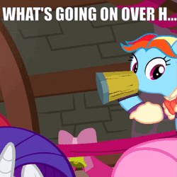 Size: 505x505 | Tagged: a hearth's warming tail, animated, caption, derpibooru import, edit, edited screencap, image macro, meme, rainbow dash, reaction image, safe, screencap, snowdash, text, what's going on in this thread