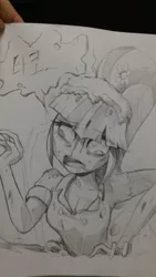 Size: 2340x4160 | Tagged: safe, artist:초보놀이, derpibooru import, sonata dusk, undead, zombie, equestria girls, black and white, cross-eyed, drool, food, grayscale, monochrome, solo, sonataco, speech bubble, taco, traditional art, translated in the description