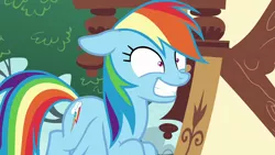 Size: 1280x720 | Tagged: safe, derpibooru import, screencap, rainbow dash, pegasus, pony, the washouts (episode), female, flying, insanity face, mare, rainbow dash is best facemaker, rainbowsnap, shrunken pupils, solo