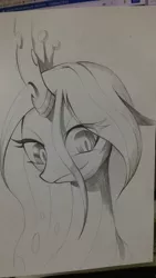 Size: 2340x4160 | Tagged: artist:초보놀이, black and white, derpibooru import, grayscale, looking at you, monochrome, queen chrysalis, safe, solo, traditional art