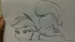 Size: 4160x2340 | Tagged: artist:초보놀이, black and white, derpibooru import, face down ass up, grayscale, monochrome, rainbow dash, safe, solo, traditional art