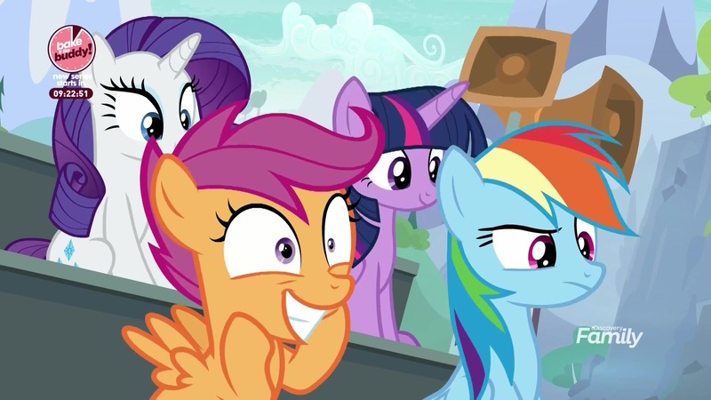 Size: 1920x1080 | Tagged: safe, derpibooru import, screencap, rainbow dash, rarity, scootaloo, twilight sparkle, twilight sparkle (alicorn), alicorn, pegasus, pony, unicorn, the washouts (episode), discovery family logo, irrational exuberance, smiling, varying degrees of want