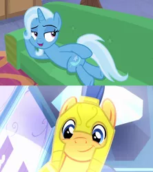 Size: 1280x1440 | Tagged: safe, derpibooru import, flash sentry, trixie, pegasus, pony, unicorn, equestria girls, equestria girls (movie), road to friendship, couch, draw me like one of your french girls, female, looking back, male, mare, prone, sentrixie, shipping, stallion, straight, sultry pose