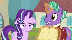 Size: 1366x768 | Tagged: book, derpibooru import, father and child, father and daughter, female, firelight, floppy ears, magic, male, safe, screencap, sire's hollow, starlight glimmer, starlight is not amused, the parent map, unamused