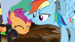 Size: 960x540 | Tagged: animated, clothes, derpibooru import, duo, eyes closed, gif, noogie, pint-sized dynamite, rainbow dash, raised eyebrow, ruffled hair, safe, scootaloo, scootalove, screencap, smiling, the washouts (episode), uniform, washouts uniform