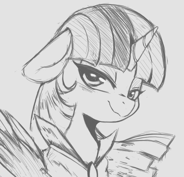 Size: 702x674 | Tagged: safe, artist:tre, derpibooru import, twilight sparkle, twilight sparkle (alicorn), alicorn, pony, female, grayscale, looking at you, mare, monochrome, sketch, solo