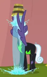 Size: 239x386 | Tagged: safe, derpibooru import, screencap, rolling thunder, pegasus, pony, the washouts (episode), bucket, clothes, cropped, female, mare, solo, uniform, washouts uniform, water, wing hands, wings