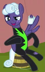 Size: 407x658 | Tagged: safe, derpibooru import, screencap, rolling thunder, pegasus, pony, the washouts (episode), bandage, bucket, clothes, cropped, eye scar, female, mare, scar, sitting, solo, tattoo, uniform, washouts uniform, wing hands, wings