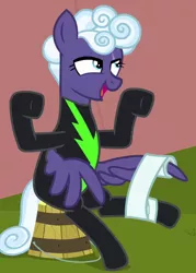 Size: 466x650 | Tagged: safe, derpibooru import, screencap, rolling thunder, pegasus, pony, the washouts (episode), air quotes, bandage, bucket, clothes, cropped, female, mare, sitting, solo, tattoo, uniform, washouts uniform, wing hands, wings