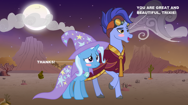 Size: 6000x3368 | Tagged: safe, artist:themexicanpunisher, derpibooru import, hoo'far, trixie, pony, saddle arabian, unicorn, road to friendship, blushing, cactus, cape, clothes, female, hat, male, mare, moon, scrunchy face, shipping, stallion, straight, trixfar, trixie's cape, trixie's hat