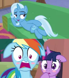 Size: 1280x1440 | Tagged: safe, derpibooru import, edit, edited screencap, screencap, rainbow dash, trixie, twilight sparkle, twilight sparkle (alicorn), alicorn, pegasus, pony, unicorn, road to friendship, the washouts (episode), blush sticker, blushing, comic, couch, draw me like one of your french girls, female, floppy ears, implied group sex, implied sex, implied threesome, lesbian, looking back, mare, prone, screencap comic, shipping, trixdash, twixie