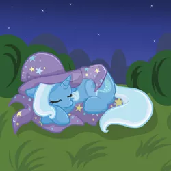 Size: 1024x1024 | Tagged: safe, artist:yoshimarsart, derpibooru import, trixie, pony, cape, clothes, deviantart watermark, hat, obtrusive watermark, sleeping, solo, trixie's cape, trixie's hat, watermark