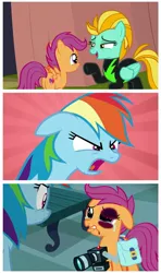 Size: 941x1593 | Tagged: semi-grimdark, derpibooru import, edit, edited screencap, screencap, lightning dust, rainbow dash, scootaloo, pegasus, pony, parental glideance, the washouts (episode), abuse, abuse edit, black eye, clothes, comic, downvote bait, rainbow douche, sad, scootabuse, uniform, washouts uniform