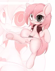 Size: 2318x3000 | Tagged: suggestive, artist:an-m, derpibooru import, oc, oc:setna, unofficial characters only, earth pony, pony, bipedal, blushing, clothes, crotchboobs, dark genitals, female, frog (hoof), heterochromia, looking at you, looking up, mare, nudity, panties, raised leg, shirt, solo, strategically covered, underhoof, underwear, zoom layer