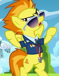 Size: 556x712 | Tagged: safe, derpibooru import, screencap, spitfire, pegasus, pony, the washouts (episode), air quotes, cropped, solo, wings
