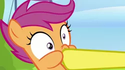 Size: 1280x720 | Tagged: derpibooru import, hoof in mouth, out of context, safe, scootaloo, screencap, spitfire, the washouts (episode)