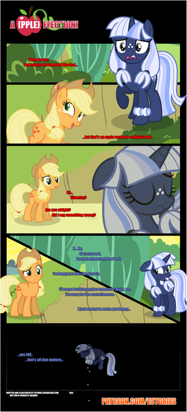 Size: 1919x4225 | Tagged: safe, artist:estories, derpibooru import, applejack, oc, oc:silverlay, earth pony, pony, unicorn, comic:a(pple)ffection, comic, crying inside, female, heartbreak, mare