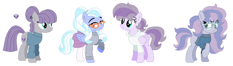 Size: 1526x436 | Tagged: safe, artist:fandom-crockpot, artist:mlpfangirl17, artist:selenaede, derpibooru import, maud pie, sugarcoat, oc, oc:rock candy (ice1517), oc:sweetie pie (ice1517), ponified, earth pony, pegasus, pony, icey-verse, alternate hairstyle, base used, clothes, ear piercing, earring, equestria girls ponified, eyeshadow, family, female, glasses, headband, hoodie, jewelry, lesbian, magical lesbian spawn, makeup, mare, maudcoat, mother and child, mother and daughter, next generation, offspring, parent:maud pie, parent:sugarcoat, parents:maudcoat, piercing, raised hoof, shipping, siblings, simple background, sisters, skirt, socks, stockings, sweater, thigh highs, white background, wrong cutie mark