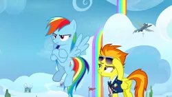 Size: 1280x720 | Tagged: safe, derpibooru import, screencap, rainbow dash, spitfire, pegasus, pony, the washouts (episode), clothes, cloud, duo, female, glasses, lidded eyes, mare, pouting, rainbow, rainbow waterfall, scrunchy face, uniform, whistle, wonderbolts, wonderbolts headquarters, wonderbolts uniform