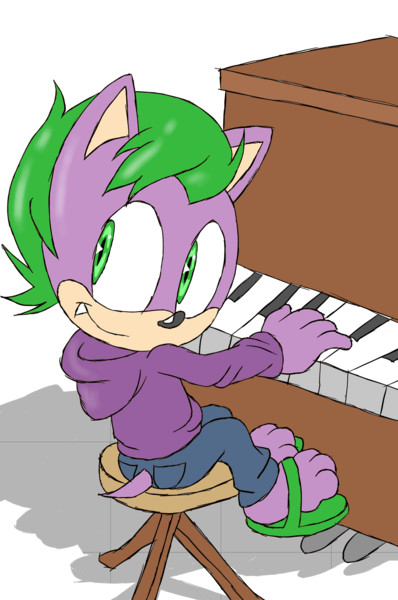 Size: 1821x2745 | Tagged: artist:atomiclance, clothes, crossover, derpibooru import, dragon, fangs, hoodie, male, mobian, musical instrument, pants, paws, piano, safe, smiling, sonic the hedgehog (series), spike