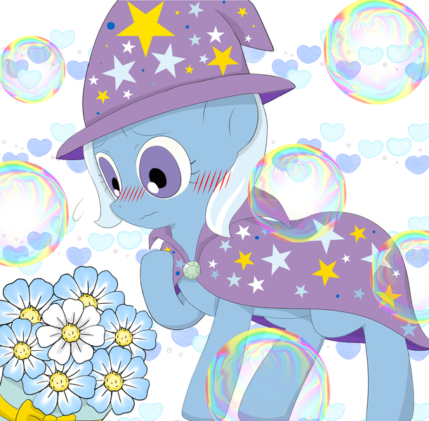 Size: 1592x1563 | Tagged: safe, artist:田中やすよ, derpibooru import, trixie, pony, unicorn, blushing, bubble, cape, clothes, female, flower, hat, mare, solo, trixie's cape, trixie's hat