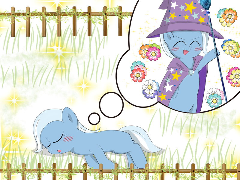 Size: 1600x1200 | Tagged: safe, artist:田中やすよ, derpibooru import, trixie, pony, unicorn, cape, clothes, female, hat, mare, sleeping, trixie's cape, trixie's hat