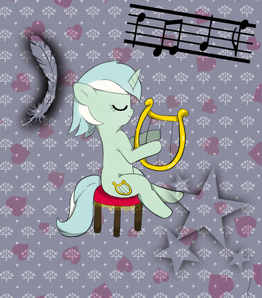 Size: 762x867 | Tagged: safe, artist:田中やすよ, derpibooru import, lyra heartstrings, pony, unicorn, eyes closed, female, harp, mare, musical instrument, solo, stool