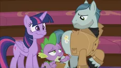 Size: 1152x647 | Tagged: safe, derpibooru import, screencap, on stage, spike, twilight sparkle, twilight sparkle (alicorn), alicorn, pony, horse play, background pony, creepy, creepy smile, smiling, weird face