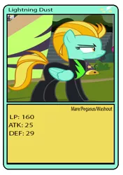 Size: 373x531 | Tagged: safe, artist:raisingsun-rarit, derpibooru import, lightning dust, pegasus, pony, the washouts (episode), card, clothes, female, mare, solo, uniform, washouts uniform