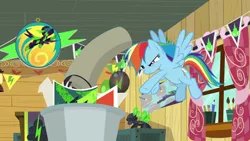 Size: 1280x720 | Tagged: safe, derpibooru import, screencap, rainbow dash, pegasus, pony, the washouts (episode), female, flying, mare, merchandise, slam dunk, solo, the washouts, trash can