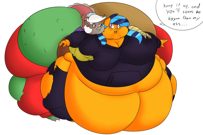 Size: 1280x853 | Tagged: artist:mad'n evil, belly, big belly, big breasts, boob squish, breasts, butt, derpibooru import, discord, eris, fat, huge belly, huge butt, impossibly large belly, impossibly large butt, large butt, morbidly obese, obese, oc, oc:glowstick explosion, questionable, rule 63, simple background, white background