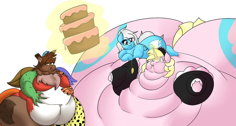 Size: 1280x683 | Tagged: anthro, artist:mad'n evil, big breasts, blob, breasts, cake, derpibooru import, draconequus, fat, feeding, food, hypnosis, immobile, morbidly obese, obese, oc, oc:sea fluff, oc:wonka, questionable, simple background, swirly eyes, white background