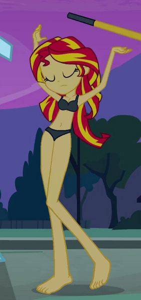 Size: 377x802 | Tagged: suggestive, derpibooru import, edit, edited screencap, editor:grapefruitface, screencap, sunset shimmer, equestria girls, equestria girls (movie), barefoot, bikini, black underwear, breasts, clothes, eyes closed, feet, hammer, outdoors, sledgehammer, swimsuit, underwear