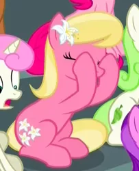 Size: 470x578 | Tagged: safe, derpibooru import, screencap, amethyst star, lily, lily valley, minty green, pinkie pie, twinkleshine, earth pony, pony, unicorn, the washouts (episode), background pony, covering eyes, cropped, eyes closed, female, flower, flower in hair, mare, solo focus