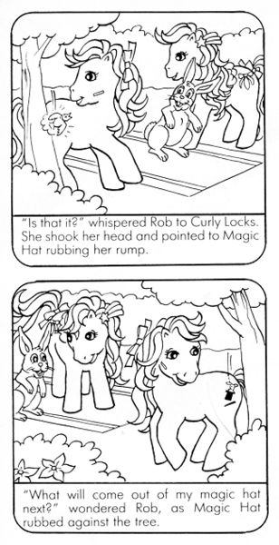 Size: 325x634 | Tagged: bow, brush and grow pony, butt, coloring page, comic, comic:my little pony (g1), cropped, curly locks, derpibooru import, g1, horses doing horse things, innocent innuendo, looking at each other, magic hat, magic message ponies, monochrome, official, official comic, out of context, plot, rob rabbit, rob rabbit's royal command performance, rubbing, safe, tail bow, touched her rump, tree