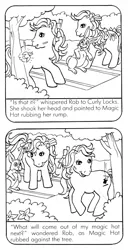 Size: 325x634 | Tagged: bow, brush and grow pony, butt, coloring page, comic, comic:my little pony (g1), cropped, curly locks, derpibooru import, g1, horses doing horse things, innocent innuendo, looking at each other, magic hat, magic message ponies, monochrome, official, official comic, out of context, plot, rob rabbit, rob rabbit's royal command performance, rubbing, safe, tail bow, touched her rump, tree