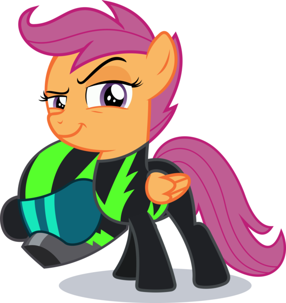 Size: 2831x2989 | Tagged: safe, artist:phucknuckl, derpibooru import, scootaloo, pegasus, pony, the washouts (episode), clothes, female, filly, helmet, high res, lidded eyes, pint-sized dynamite, raised eyebrow, simple background, solo, transparent background, uniform, vector, washouts uniform
